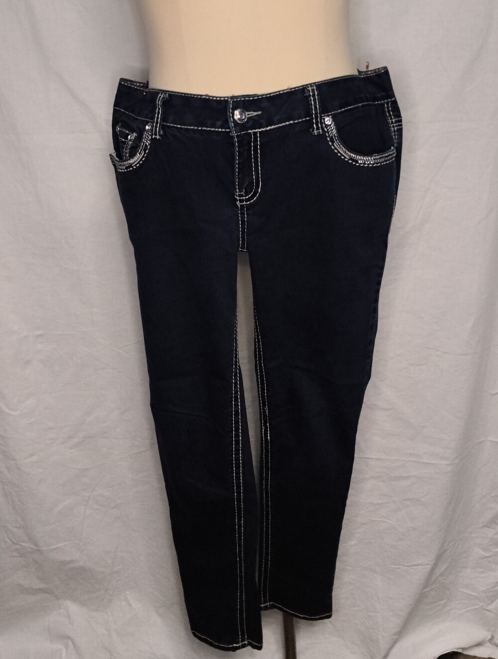 Amethyst Jeans Straight-Leg Women’s Jeans in Dark Blue with White Stitch